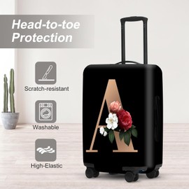 Floral A lphabet Luggage Cover Set, Vintage Letter Print Waterproof Suitcase Protector, Travel Accessories for Women Men