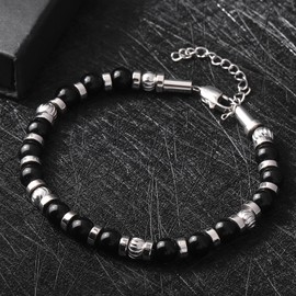 Stainless Steel Beaded Bracelets for Men: 6MM Natural Stone Beads Mens Bracelet Silver Crystal Jewelry Bring Luck Prosperity - Cool Anniversary Birthday Gifts for Men Him Man Boyfriend Son Dad