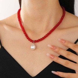 Xduargs Boho Pearl Necklace Vintage Strand Beaded Necklace Imitation Pearl Bead Choker Teardrop Collar Chain Jewelry for Women(Red)