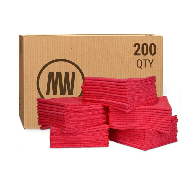 Bulk 16" x 16" Economy All Purpose Microfiber Towels Wholesale - Case Quantity (200 Count) | Large | No Fraying | High Density Microfiber | Chemical Free Cleaner | Long-Lasting (Red)
