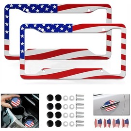 CIMIAUTO Patriot American Flag License Plate Frame(2Pack) Front/Rear丨4 Hole Aluminum Metal Patriotic Car Tag Holder USA Flag Universal Automotive Number Plate Frame, Screws & Caps,Coasters,Stickers