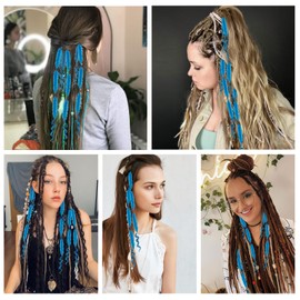 Boho Dreadlocks extension Synthetic Double Ends Dreadlocks with Curly Ended, 20 inches 5 Strands Fish-Bone Braids, Handmade Soft DE Dread Locks Extensions Wigs for Women Blue
