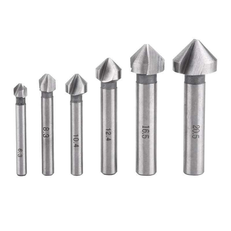 6pcs High Speed Steel Round Shank 3-Flute Countersink Cutter Bits