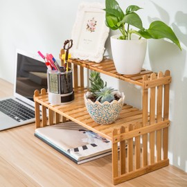 MyGift Natural Bamboo Indoor Plant Stand for Desk, 2 Tier Desktop Shelf Organizer Rack with 2 Slatted Shelves