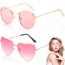 Pack of 2 Glasses Retro Hippie Retro Metal Frame Heart Shape Glasses Pink Round Hippie Costume Sunglasses for Hippie Costume Party Everyday Photo Props