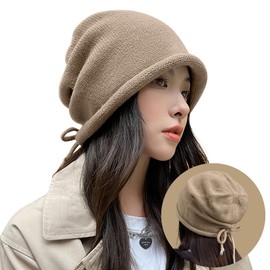 [MOWO] Knit Hat, Women's, Autumn and Winter, [Adjustable Rope Included, Cute Small Face, Wrap Around Your Ears] Light and Warm, Large Size, Cold Protection, Windproof, Thermal, Soft, Tight, Ribbon,