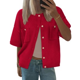 BTFBM Women Short Sleeve Cardigan Button Down Shirts Summer 2025 Crew Neck Y2k Sweater Business Casual Work Knit Tops(Red, Large)