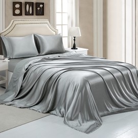 Satin Flat Sheet Only, Full Flat Sheet, 1 - Piece Silver Gray Top Sheet, Extra Soft Silk Flat Bed Sheets Sold Separately Full - Silver Gray