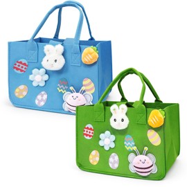 PARSUP 2PCS Easter Egg Hunt Bags Happy Easter Bunny Gift Bags with Handles, Easter Treat Bags, Felt Easter Bags for Gifts Wrapping, Egg Hunt Game, Easter Party Supplies, 12" x7.8" x6.8"(Green + Blue)