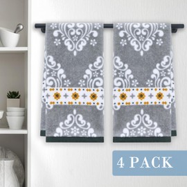 Gray Kitchen Towels [Not Thick], 4PC 15"x25" - 100% Cotton | Soft | Absorbent | 400 GSM | Fluffy, Decorative Hand Towels for Kitchen | Bathroom | Daily Use | Guest, Gray and White Damask Print