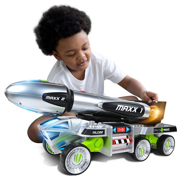 Sunny Days Entertainment Maxx Action 3-N-1 Blast Off Booster Rocket – Lights, Sounds and Motorized Drive | Includes Transport Vehicle, Rocket and Capsule with Opening Cockpit | Space Toy for Kids