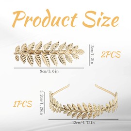 Gold Headband, Greek Goddess Accessories, Elegant Gold Hair Band with Leaf Design, 3-Piece Set for Weddings and Photo Shoots, Includes 1 Headpiece and 2 Hair Clips (9 x 3 cm)