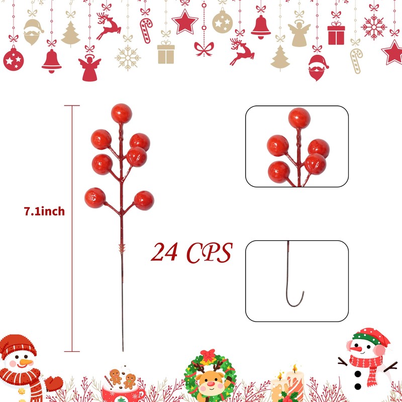 TrailMlix 24 Pack Christmas Tree Decorations Artificial Red Berry Stems