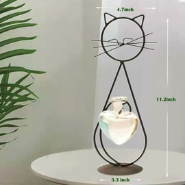Desktop Glass Planter Vase Holder, Creative Metal Stand Cat Plant Terrarium for Hydroponics Plants Home Garden Wedding Decoration Outdoor Planter Ideas (Black cat-11.2inch)