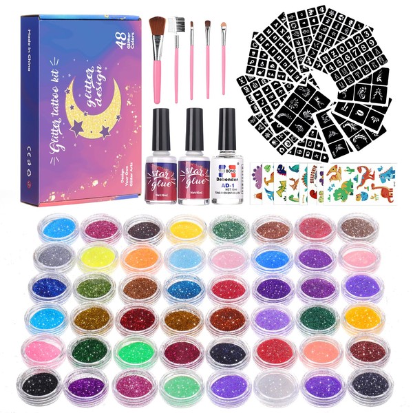 Solong Temporary Tattoo Set, Glitter Tattoo Set for Children - 48 Colours Glitter, 318 Stencils, Skin-Friendly Flash Body Makeup for Girls, Gift for Birthday, Party, Carnival