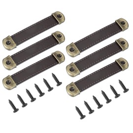 PATIKIL 4.4" Leather Drawer Pulls with Iron Sheet, 6 Pcs Leather Strap Trunk Handle Cabinet Knobs Hardware Replacement with 18mm Screws for Dresser Door Suitcase Luggage, Brown