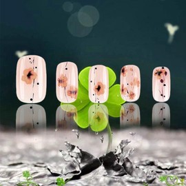 Winter Flower Press on Nails Glossy Brown Flower Acrylic Fake Nails 24Pcs Black Curve Line False Nails Flower Gel Glue on Nails for Manicure Flower Stick on Short Square Nails for Coquette Women Girls