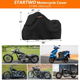 STARTWO Motorcycle Cover Lock-Holes and Storage Bag All Season Universal Night Reflective Universal Heavy Duty Motorcycle Vehicle Cover-86 L x 41" W x 50" H Black