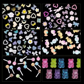3D Assorted Pearls Cute Bear Lollipop Candy Nail Charms for Manicure Crafts Accessories Set - Colorful Flower Heart Butterfly Bow Star Nail Charms