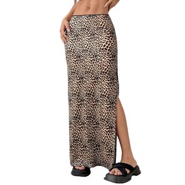 GORGLITTER Women's Leopard Print Summer Skirt Drop Waist Long Skirts with Slit Casual Maxi Skirt Elegant Maxi Casual Skirt Leo Party Skirt, leo, M