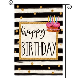 AVOIN colorlife Happy Birthday Garden Flag 12x18 Inch Double Sided Outside, Polka Dot Stripes Anniversary Party Gift Yard Outdoor Decoration