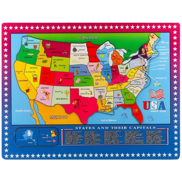 Joqutoys 46 PCS Wooden USA Map Puzzle for Kids United States of America Map Jigsaw Puzzle Board Educational Geography US Map Puzzle Toys for Boys and Girls