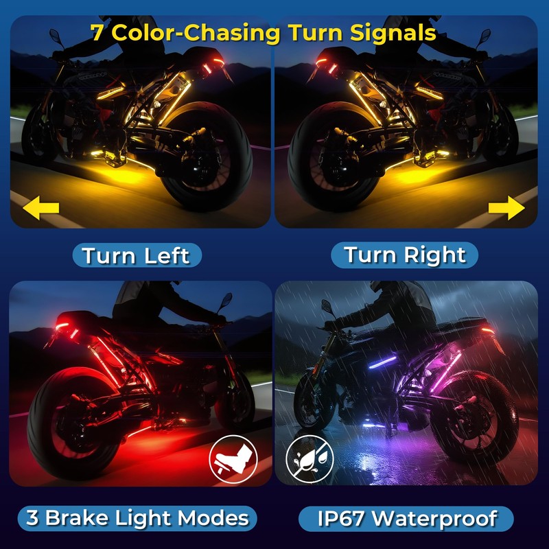 12PCS Double Row Motorcycle Led Lights with Brake Turn Signal,Underglow