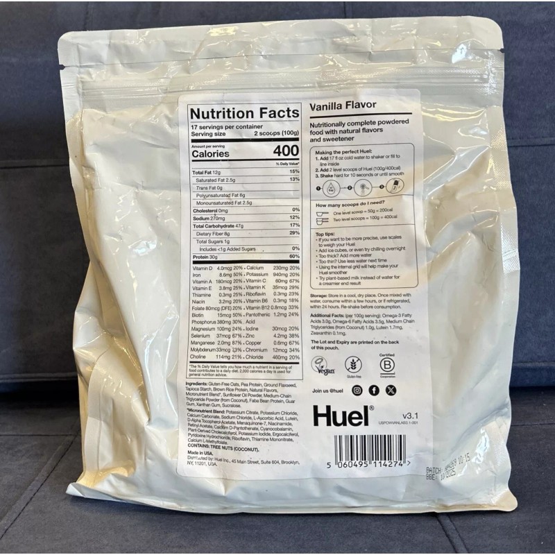 Huel Vanilla Flavor Nutritionally Complete Food Powder 100% Vegan Powdered