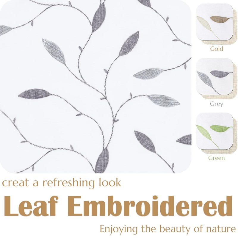 jinchan White Sheer Valance for Window Gray Leaf Embroidered Valance