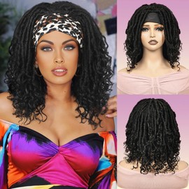 MIMAN 14 Inch Short Curly Dreadlock Headband Wigs for Black Women Shoulder Length Synthetic Faux Locs Braided Twist Wig Black Pixie Bob Headbands Wigs With Curly Ends