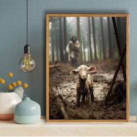 Framed Christian decor Jesus and Lamb Canvas Wall Art Jesus Running After Lost Lamb Picture Canvas Print Decor Christian wall art 14 X 18 Inch A-334