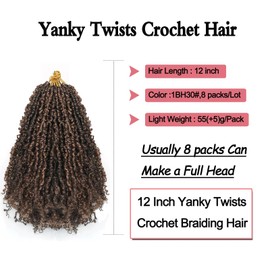 FFDDear 8 Packs Pre-Looped Yanky twist crochet hair 12 Inch Fluffy Spring Mini Twis Crochet Hair Passion Twist with curly crochet hair Braids Hair for women extension(12 Inch, 1B/H/30)