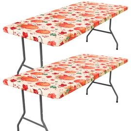 Moosfor Spandex 6 Foot Rectangle Thanksgiving Table Cloth 2 Pack, Elastic Fitted Tablecloths for Picnic, Stretch Washable Patio Table Cover for Autumn Harvest Parties (Pumpkin Leaf, 30"x72")