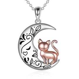 YAFEINI Cat Necklace for Women 925 Sterling Silver Moon Cat Pendant Cat Necklace Jewellery Gift, Sterling Silver, No Gemstone