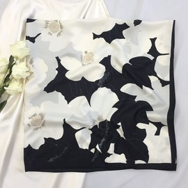 Julunar Silk Like Head Scarf for Women - Satin Large Hair Scarves - 35" Square Silk Hair Wrap for Sleeping with Gift Packed, B011-1 Big Flower Black, Large