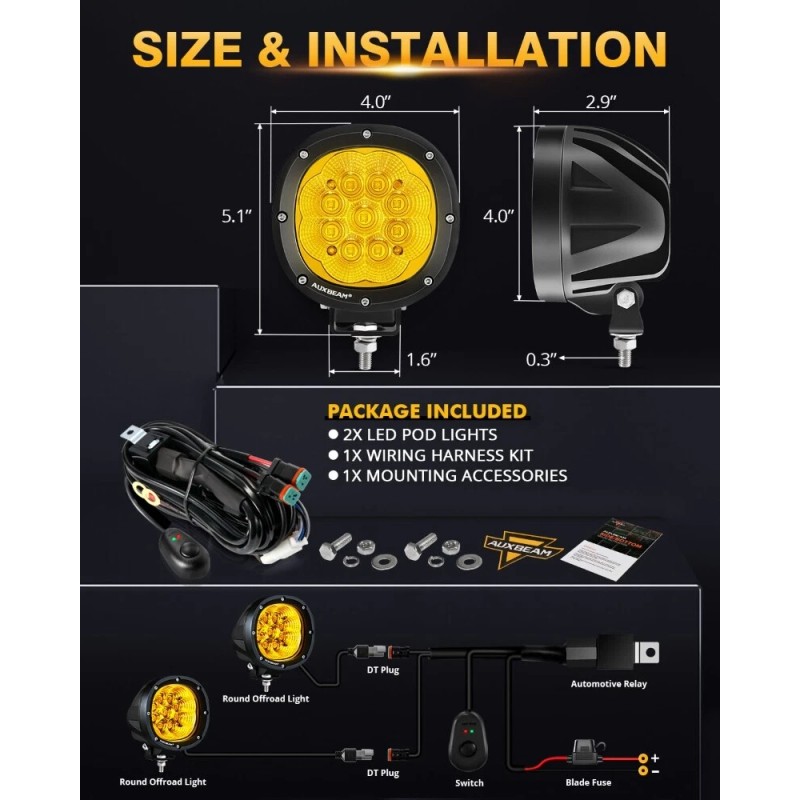 AUXBEAM 2x AUXBEAM 4"Amber Spot LED Work Light Driving Fog