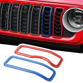 2PCS Front Grill Rings Frame Grille Inserts Cover Trim Kit for Jeep Wrangler JL JLU & Gladiator JT 2024 2025 (Blue&Red)