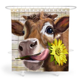 Juego de cortinas de ducha con diseño de girasol de vaca en acuarela, color café, decoración moderna de baño, linda y divertida de vaca en las tierras altas, cortina de ducha de tela impermeable con ganchos, 72 x 72 pulgadas