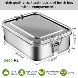 MAOOY Stainless Steel Lunch Box, 2400 ml Lunch Box, Movable 2 Dividers, Leak-Proof, Metal Lunch Box for Adults, Large Lunch Box, Environmentally Friendly & BPA-Free, Kitten Emoji Stickers