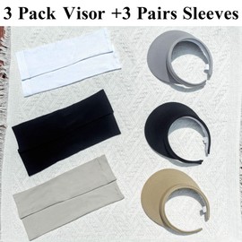 3 Pack Visor + 3 Pairs Sleeves Sun Visor Hat Hat Vintage Visor Women Adjustable Outdoor Beach Golf Tennis Walking Ponytail Clip On Visors (Black Khaki Gray)