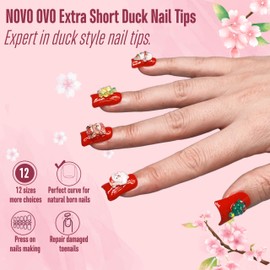 NOVO OVO Duck Nail Tips, Short Fully Covered, Duck Feet Nail Tips, Full Cover Short, Clear Soft Gel Crystal Flare, Y2K, Wide French for Acrylic Nails x 12 Sizes, Pack of 120