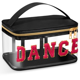 Geetery Chenille Letter Bag Nylon Makeup Portable Cases Med Cheer Spf Travel Preppy Patch Makeup Bag with Zipper Cosmetic Toiletry Storage Case for Women(Black,Dance)