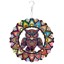 Wind Spinner Owl Mandala 3D Stainless Steel Hanging Decor Laser Cut Metal Geometric Garden Art Decor for Yard Balcony Patios Metal Kinetic Art Ornament Gifts for Women Mom Grandma Wife