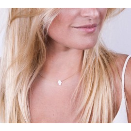 Delicate 14K Gold Filled Opal Hamsa Choker Necklace - Designer Handmade Minimalist Collar with Small White Hand - 13.5 inch + 3 inch extending chain