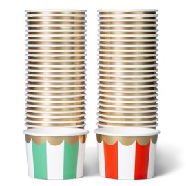 Confettiville Paper Ice Cream Cups, 50-Count 9-Oz Disposable Dessert Bowls for Hot or Cold Food, 9-Ounce Christmas Party Supplies Treat Cups, Red and Green Stripes, Scalloped Gold Foil