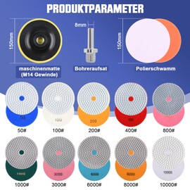 Pack of 16 Diamond Polishing Discs with M14 Rubber Backing Plate Wool Felt, 150 mm Wet Diamond Sanding Pad for Granite Concrete Tiles Stone Grinding 50-10000 Grinding Disc for Angle Grinder, Drill