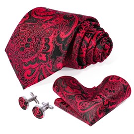 Kerfado 5PCS Red Black Paisley Tie and Pocket Square Set for Men, Silk Necktie and Handkerchief Cufflinks with Drilled Gold Ring and Lapel Pin Set