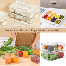 Desire Fridge Organizer with Divided Serving Tray - 5PCS BPA-Free, Clear Stackable Fridge, Pantry, and Freezer Organizer with Handles for Snacks, Fruits, Veggies, Meal Prep, Travel, Picnic