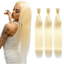 Niciitysi Color 613 Straight Bundles Human Hair Blonde Bundles 8 10 12 inch Double Weft Brazilian Hair Extensions Silky and Soft Blonde Color for Women