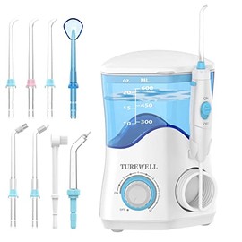 TUREWELL Irrigador dental de agua para dientes/aparatos ortopédicos, limpiador de dientes de agua, 8 puntas de chorro y 10 niveles de presión, tanque de agua grande de 600 ml para la familia (blanco)